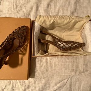 Cult Gaia Soray 75 brown knotted pointed toe sling back heel